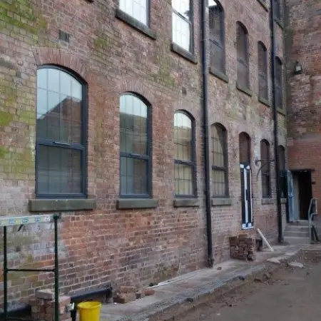 Commercial Arched Shaped Sliding Sash Windows Face Fixed Bars Aluminium Anthracite RAL7016: Click Here To View Larger Image